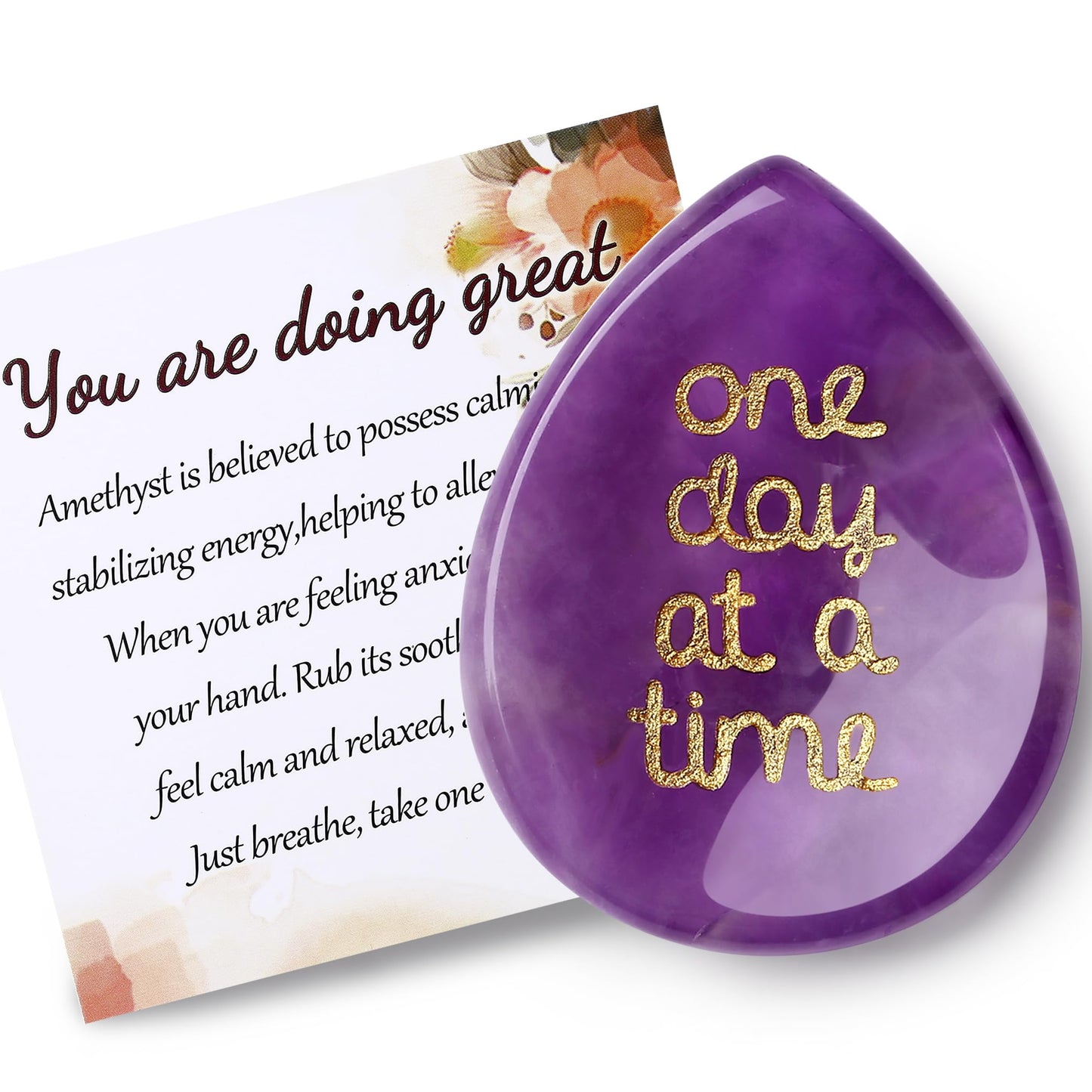 QINJIEJIE One Day at A Time Gifts Amethyst Healing Crystals Worry Stones for Anxiety Relief Items You Got This Inspirational Thinking of You Gifts for Women Men Encouragement Gifts for Best Friends