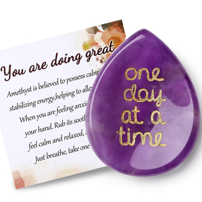 QINJIEJIE One Day at A Time Gifts Amethyst Healing Crystals Worry Stones for Anxiety Relief Items You Got This Inspirational Thinking of You Gifts for Women Men Encouragement Gifts for Best Friends