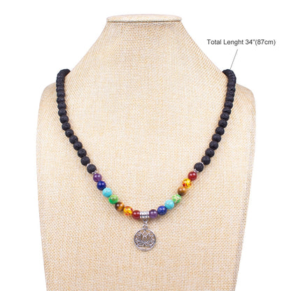 Addmluck 108 Mala Beads Necklace 7 Chakra Tree of Life Pendant Prayer Buddha Bracelets Healing Stone Yoga Men Women Jewelry(Natural lava beads)
