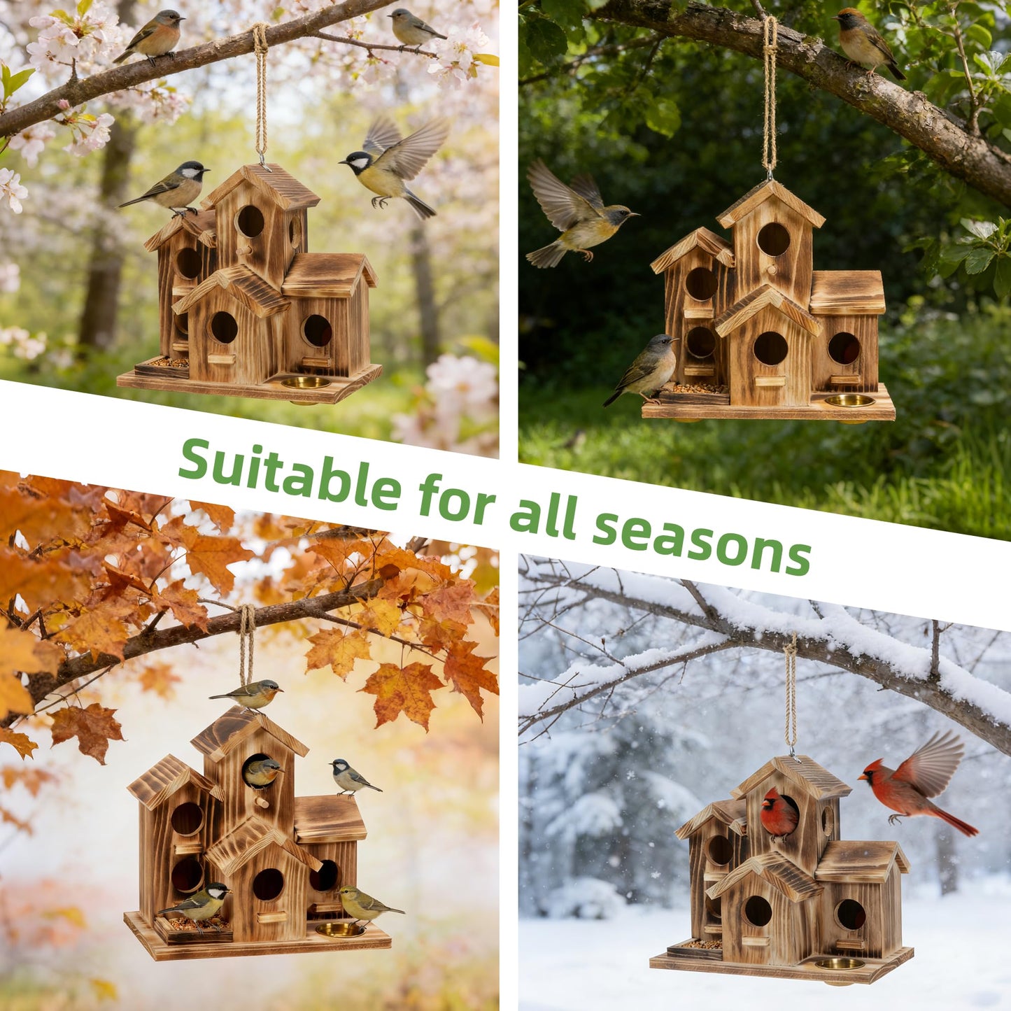 MIXXIDEA Bird House 5 Hole Bird Houses for Outside with Thickened Wooden Board，Birdhouse for Blue Bird Humming Bird and Chickadee Swallow. Hanging Edible Wild Bird Nest Garden Decorative