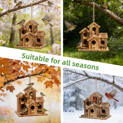 MIXXIDEA Bird House 5 Hole Bird Houses for Outside with Thickened Wooden Board，Birdhouse for Blue Bird Humming Bird and Chickadee Swallow. Hanging Edible Wild Bird Nest Garden Decorative