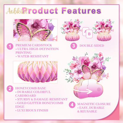 AOBKIAT Women Birthday Decorations Party Centerpieces,Large Size Table Centerpieces with Glitter Edge,Pink Purple Cardboard Honeycomb Base for Mother Day,Baby/Bridal Shower,Wedding,Gradient Vase