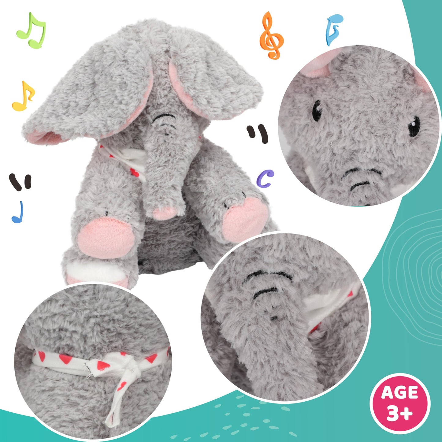 Cuteoy Peek A Boo Elephant Interactive Plush Toy with Moving Ears Musical Singing Talking Stuffed Animal Adorable Electric Animate Christmas Birthday Gifts for Girls Boys