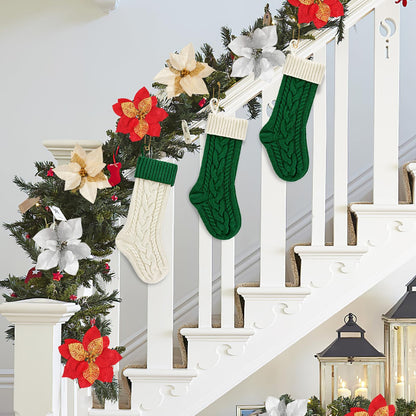 PETOX 2 Pack 18" Personalized Christmas Stockings, 18inch Large Cable Knitted Xmas Hanging Stocking Decorations for Holiday Christmas Party Family Decor (Lvory/Green)