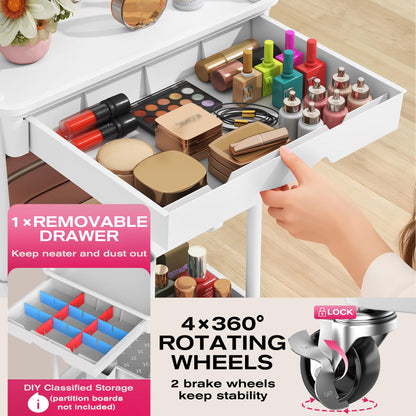 Goovilla Rolling Makeup Organizer Cart with Removable Drawer, 3 Tier Stable White Floor Skincare Storage Cart for Vanity, Cosmetic Display, Nail Polish, Perfume, Hair Stuff, Beauty, Bathroom(Plastic)