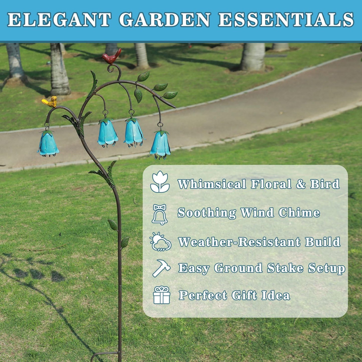 HOUYANG 44.3" H Metal Decorative Garden Stake with Blue Bell Flowers & Birds - Metal Yard Art for Outdoor Yard Decor, Rustic Metal Flowers Garden Decor for Patio, Lawn, Pathway