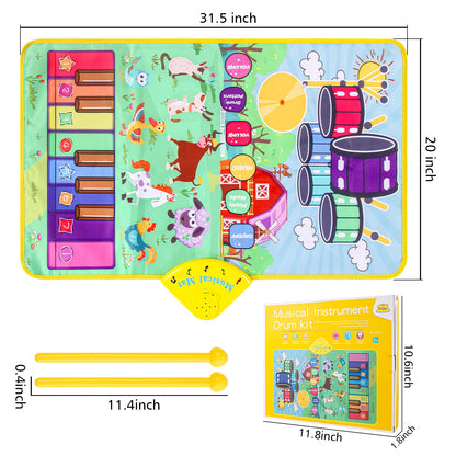 Musical Farm Animals Sounds Piano Mat for Kids, Sensory Educational Learning Toy with Drumset for Toddlers, Interactive Floor Touch Play Mat Dancing Keyboard Carpet for 1-5 Year Old Boy Girl Gifts