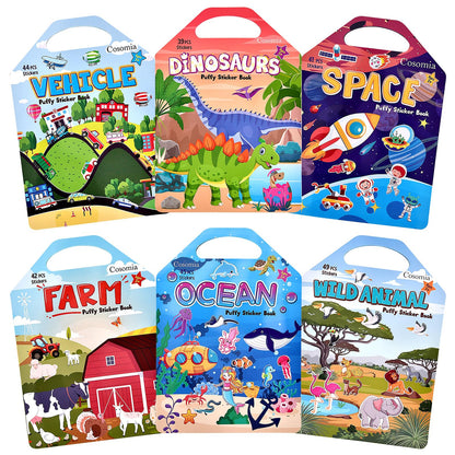 Cosomia 6 Set (260pcs) Puffy Sticker Books Activity for Kids, Animal, Farm, Dinosaurs, Space, Vehicle, Ocean, 3D Reusable Stickers for Boys and Girls, Travel Sticker Books for Kids Ages 3+