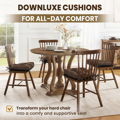 downluxe Indoor Chair Cushions for Dining Chairs, Tufted Overstuffed Textured Foam Kitchen Chair Pads with Ties and Non-Slip Backing, 15.5" x 15.5" x 4", Brown, 4 Pack