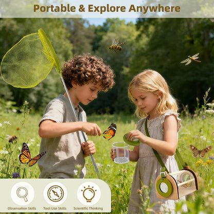 Wooden Bug Catcher Kit for Kids, Outdoor Explorer Toy Set with Butterfly Net, Magnifying Glass, Bug Container &Other Adventure Kit for Backyard Bugs Hunting and Camping Gifts for Boys Girls Age 3-12