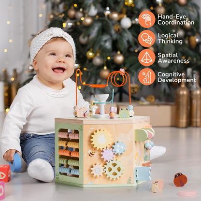ROBOTIME Wooden Activity Cube for Toddlers, 13 in 1 Montessori Baby Activity Cube, Baby Play Cube Toy with Educational Features, Gift Wooden Cube Toy for Boys & Girls - 1 Year +
