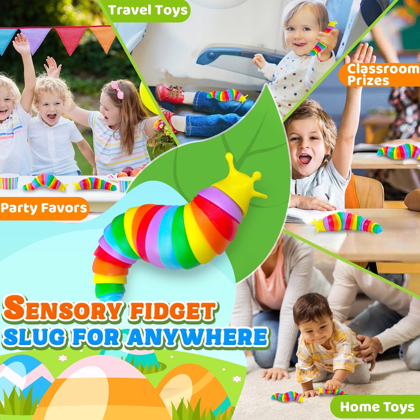 Easter Basket Stuffer for Toddler Kids, Baby Fidget Slug Sensory Toys Pack 6PCS Airplane Travel Activities Road Trip Car Toy Autism Autistic ASMR Stuff Restaurant Adult ADHD Worm Valentines Day Gift