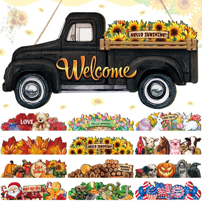 Ferraycle Independence Day Interchangeable Welcome Sign 4th of July Seasonal Truck Decor Door Signs with 12 Holiday Icons Rustic Farmhouse Interchangeable Holiday Decor(Black, Lateral Style)