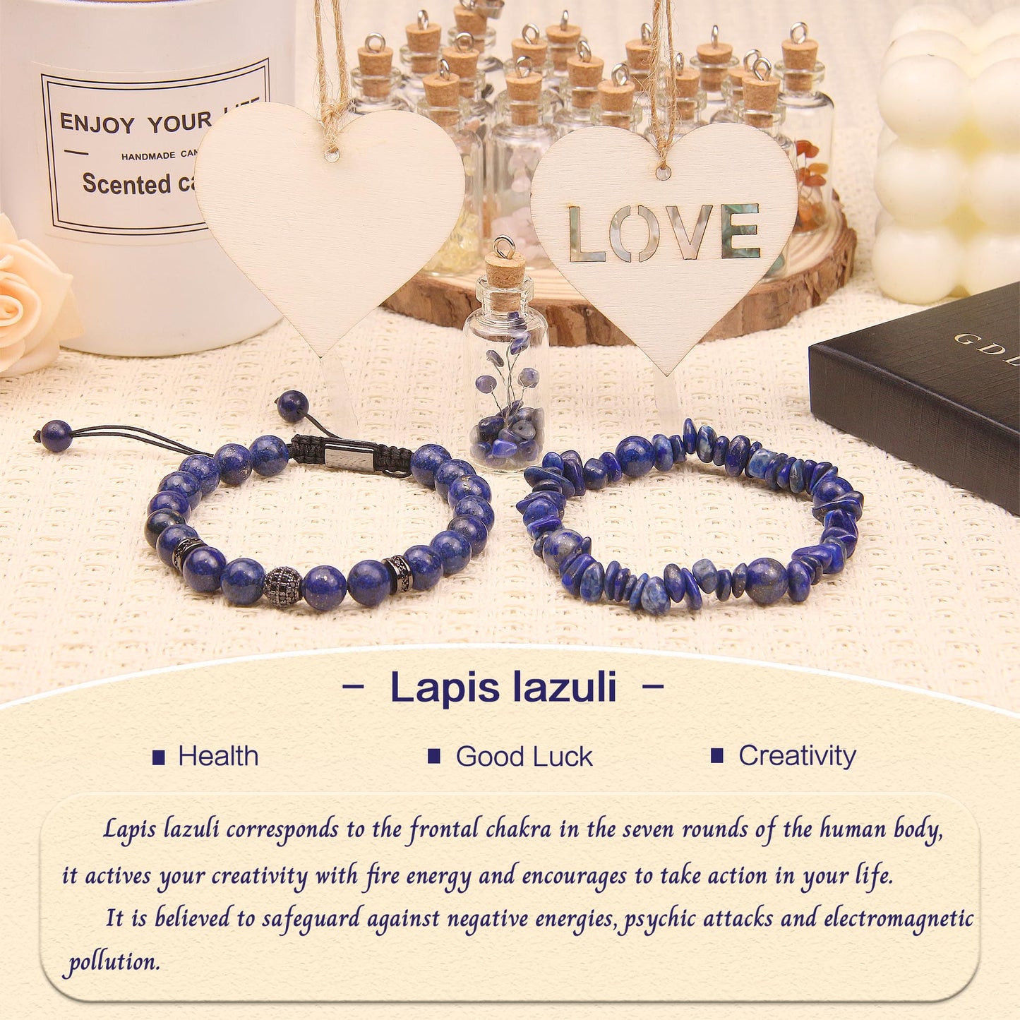 GDLKPYHS Lapis Lazuli Bracelet for Men Women - Crystals and Healing Stones Bead Bracelets Handmade Natural Gemstone Jewelry Unique Gifts for Men Women