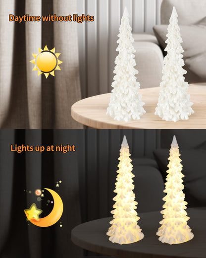 iStatue Tabletop Christmas Tree Decoration 8.3'' Tall - Set of 2 Mini White Resin LED Trees with Intricate Details Figurines - Indoor Holiday Decor and Xmas Gift (Trees)
