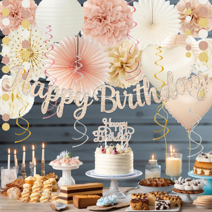 Champagne-Gold Beige Fall Boho Birthday Party Decorations 62pcs Happy Birthday Banner, Peach White Paper Lanterns, Streamers, Tissue Pom Poms, Blush Beige Boho Party Balloons, Rustic Backdrop Decor