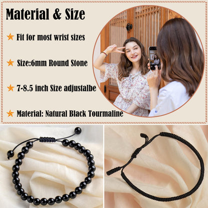 LPBeads 6mm Black Tourmaline Bracelet with Handmade Rope Bracelet Size Adjustable Natural Stone Crystal Healing Bracelets Gifts for Unisex Adults