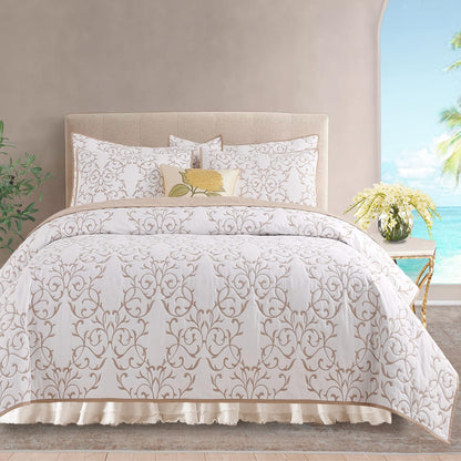Querencia Cotton Quilt King Size - Embroidered Beige Quilt Tan Cotton Coverlet, French Country Toile Bedding, Farmhouse Bed Spread Set Neutral (Beige and White, King/Cal King, 3 Pieces)