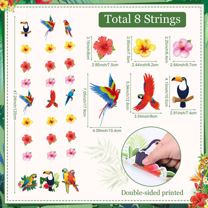 Tiamon 8 Pcs Tropical Bird Decorations Tropical Hawaiian Party Hanging Banner Hawaii Parrot Flower Hanging Garland Summer Luau Party Paper Banner for Pool Tiki Bar Birthday Supplies