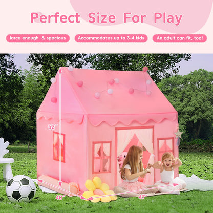 RONGFA Large Kids Tent Playhouse Padded Mat with Star Lights, Flags and Tote Bags, Play Tent Indoor & Outdoor, Washable Teepee Tent for Boys & Girls, Kids Play House for Toddler（Pink）