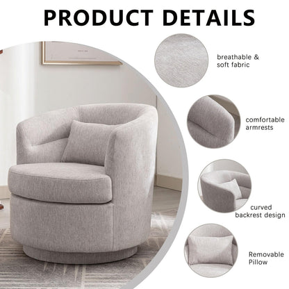 CANMOV Swivel Accent Chair, 360 Degree Round Swivel Barrel Chair with Pillow, Upholstered Comfy Barrel Armchair Single Club Sofa Chair for Living Room,Bedroom, Reading Room, Grey