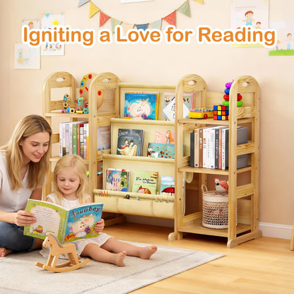 TWINDLE Kids Bookshelf and Toy Storage Organizer, Large 3 Tier Wooden Kids Book Shelf with Sling Book Rack for Kids Room, Nursery, Playroom
