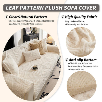PJLZJFBY Sectional Couch Cover, Non-Slip Sofa Cover Plush Warm, Funny Fuzzy Pet Couch Covers for Sofa(2-3 Seater), Leaf Pattern Couch Protector for Dogs Washable(1PC, Beige White, 27.6"×70.9")