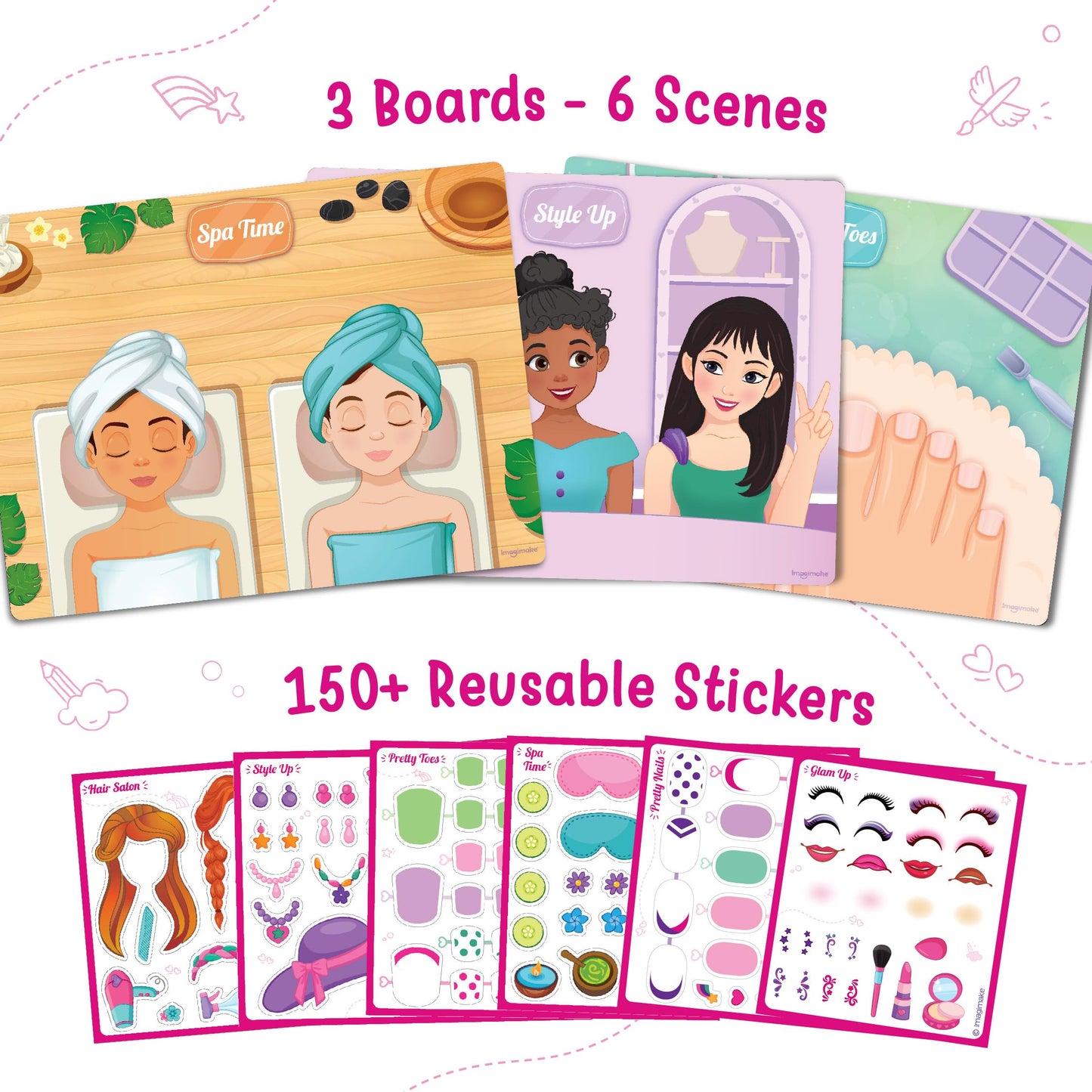Imagimake Reusable Sticker Fun – Hair & Makeup Kit |Reusable Glam Stickers for Kids | 6 Styling Scene Boards | Pretend Play | Kids Games 3-5 | Toddler Girl Toys | 3,4,5,6,7 Year Old Girl Birthday Gift