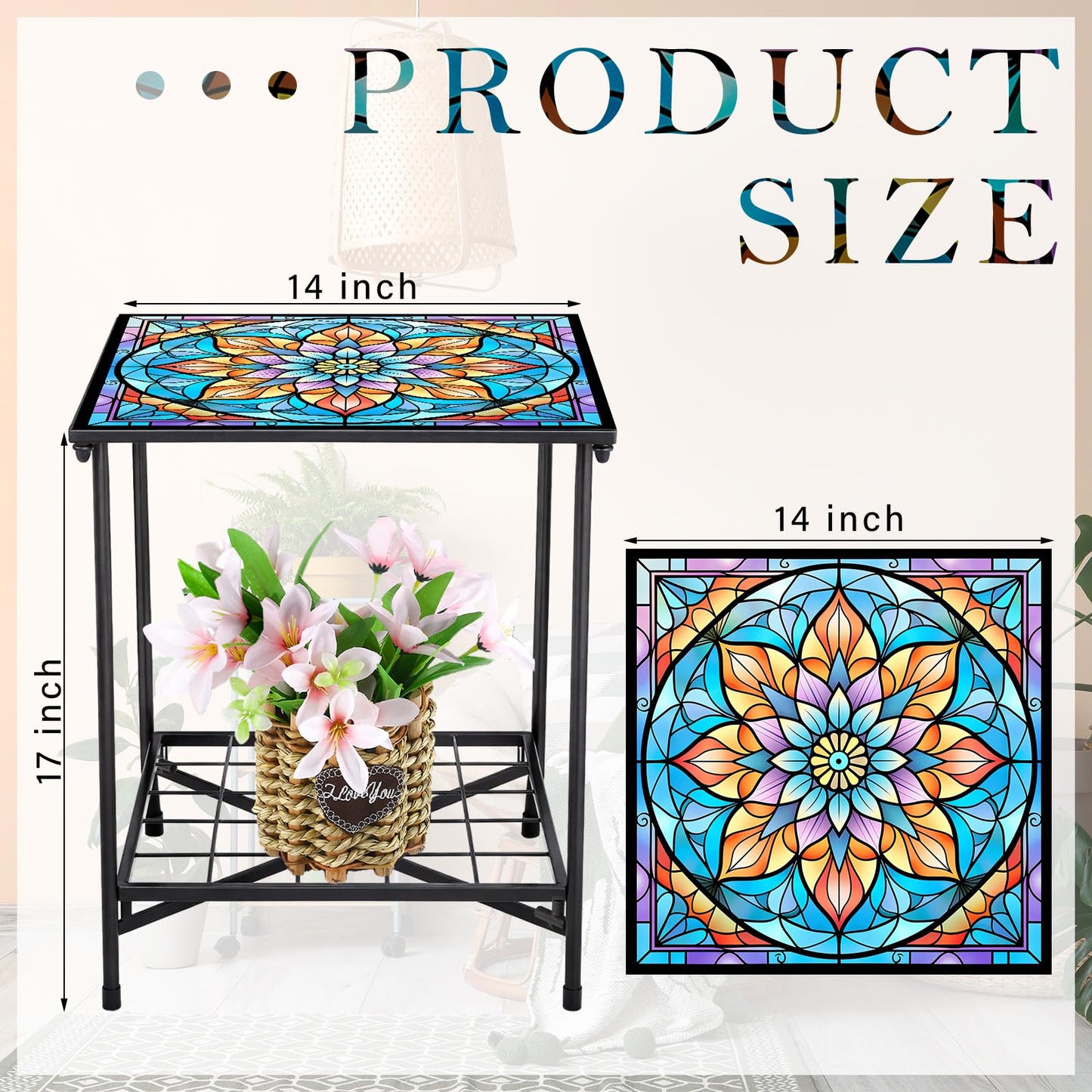 Cinnvoice Outdoor Side Table 2-Tier Storage Square Small Mosaic Patio Accent Indoor End Plant Coffee Tea Table for Yard Patio Porch Garden Living Room, Bedroom(Mandala Style)