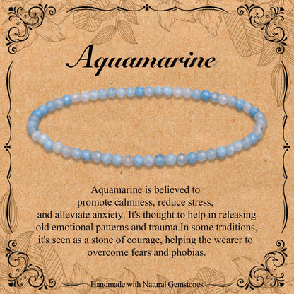 BONNY BOXX Natural Genuine Gemstone Faceted Round Beads Bracelets, 3mm Adjustable Stretchy Tiny Faceted Aquamarine Bracelet, Healing Crystal Reiki Chakra Dainty Jewelry Fashion Gifts