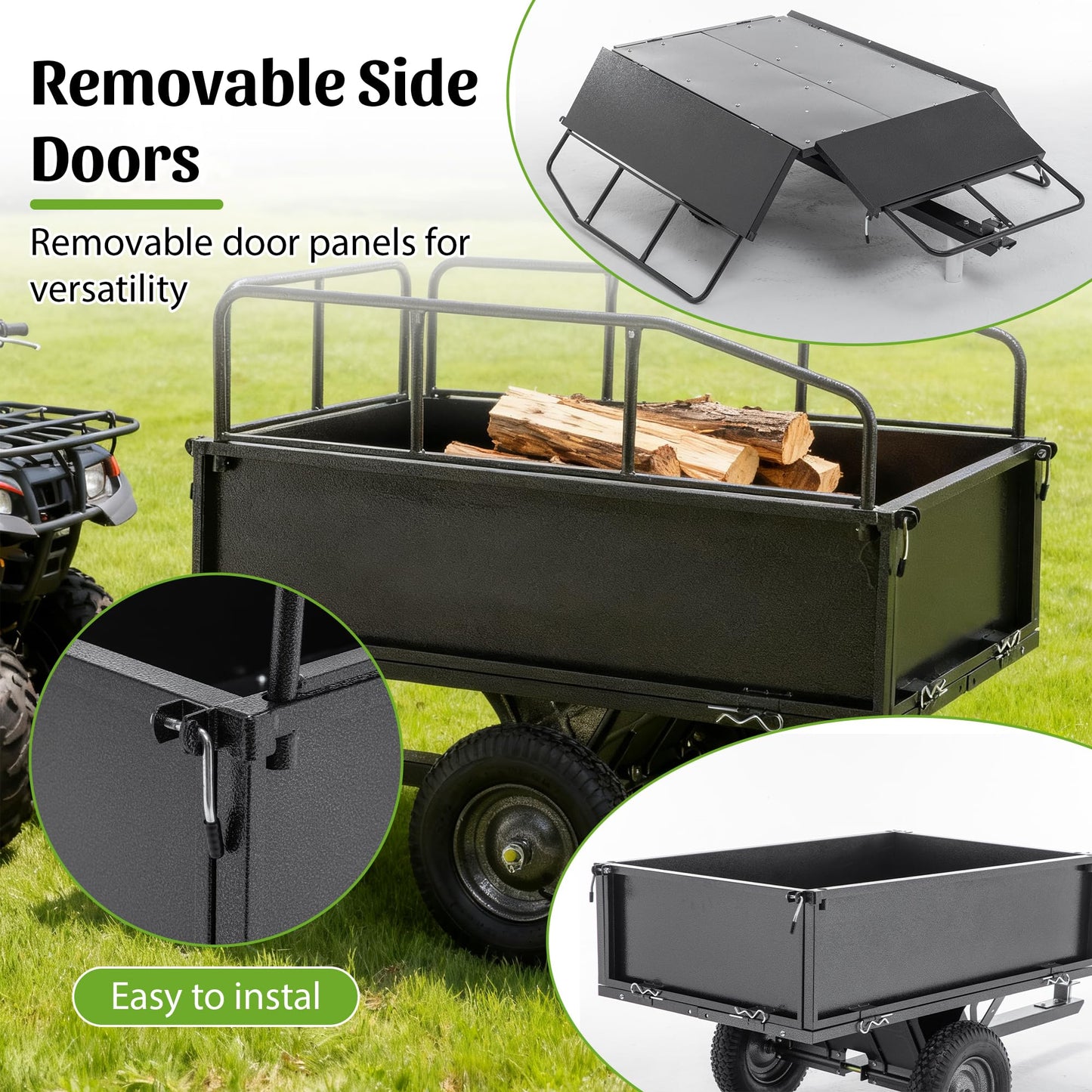 KEIKI 600 lb Garden Dump Cart with Tow Hitch, 17 Cu Ft Heavy Duty Steel Utility Trailer, Dual Dumping Lawn Cart with 16" Tires for ATV UTV Tractor Yard Hauling
