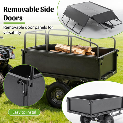 KEIKI 600 lb Garden Dump Cart with Tow Hitch, 17 Cu Ft Heavy Duty Steel Utility Trailer, Dual Dumping Lawn Cart with 16" Tires for ATV UTV Tractor Yard Hauling