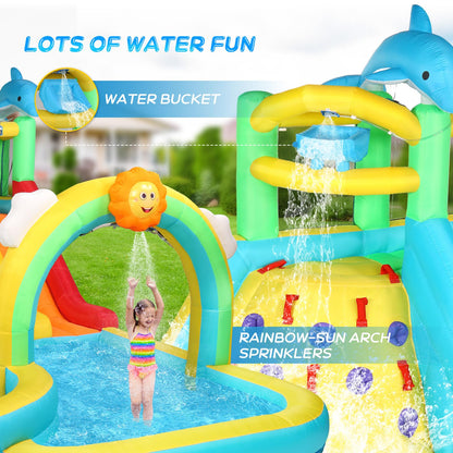 (2026 New) JOYMOR Inflatable Water Slide Bounce House w/Water Bucket, Climbing Wall, Pool, Rainbow Sprinklers, 1min Blow Up Water Slide 10-in-1 for Kids w/Strong Blower, Carrying Bag