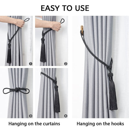 NICEEC 2 Pack Long Tassel Curtain Tiebacks Handmade Braided Rope Knot Drape Tie Backs European Style Decorative Curtain Holdbacks for Home & Office Window Drapery (Black)