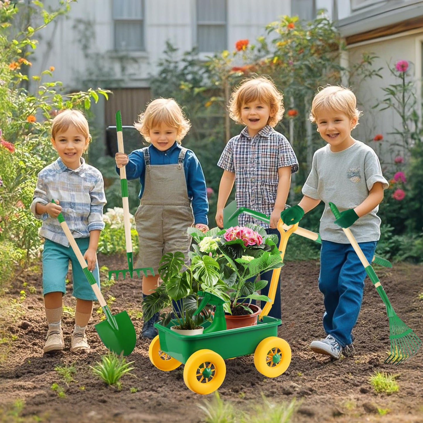 Duckura Kids Gardening Tools Set - 7pcs Wheelbarrow Set Outdoor Toy for Kids with Shovel, Rake, Leaf Rake, Yard Digging Weed Toys, Easter Birthday Gifts for Boys Girls Age 2 3+Years Old(Yellow)