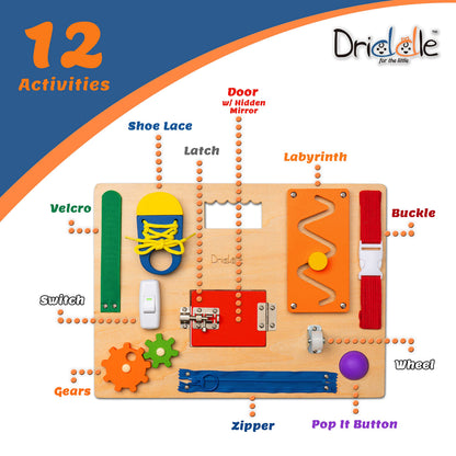 Driddle Busy Board - Wooden Montessori Activity Board for Toddlers & Kids - 12 Educational Sensory Toys to Learn Basic Life Skills & Develop Fine Motor Skills + Baby Mirror
