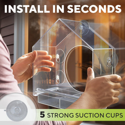Premium Window Bird Feeder for Outside - Clear Bird House w/Largest Window for Viewing Birds - Easy to Install & Sturdy Feeder w/Extra Strong Suction Cups - Perfect for Kids, Adults and Cats