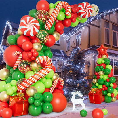 DBKL 138 Pcs Christmas Balloons Garland Arch Kit with Xmas Red Gold Green Balloons Candy Cane Gift Box Foil Balloons for Christmas Party Decorations Birthday Xmas Party Supplies