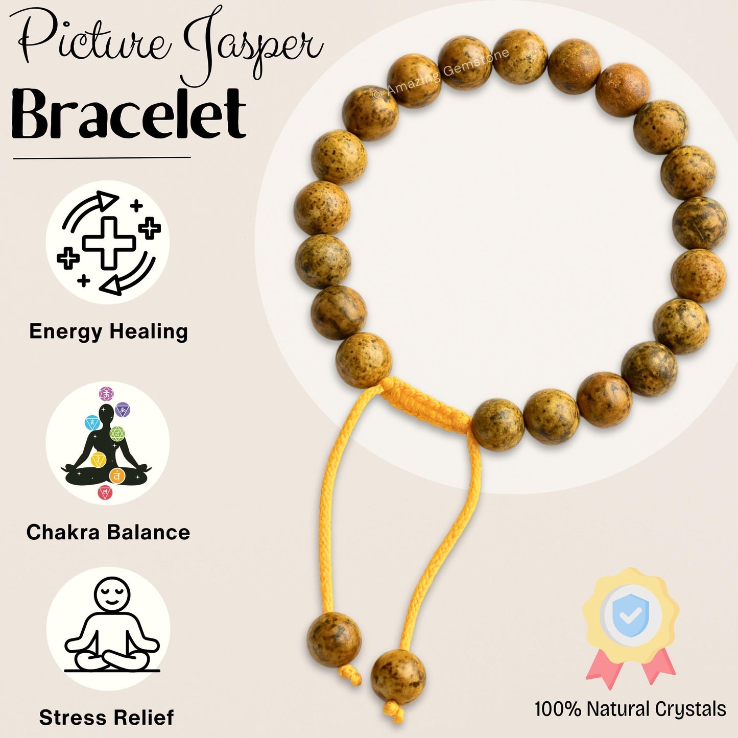 Amazing Gemstone Picture Jasper Bracelet for Women Men's Gifts - Protection Healing Crystal Bracelet - 8mm Beaded Adjustable Bracelet Pulseras Para Hombres Mujer Stocking Stuffers