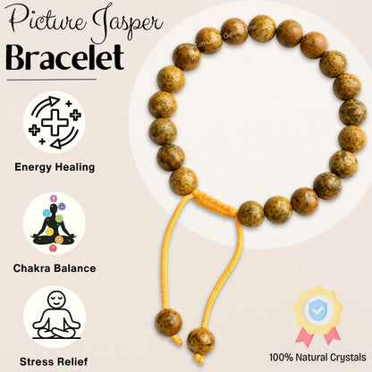 Amazing Gemstone Picture Jasper Bracelet for Women Men's Gifts - Protection Healing Crystal Bracelet - 8mm Beaded Adjustable Bracelet Pulseras Para Hombres Mujer Stocking Stuffers