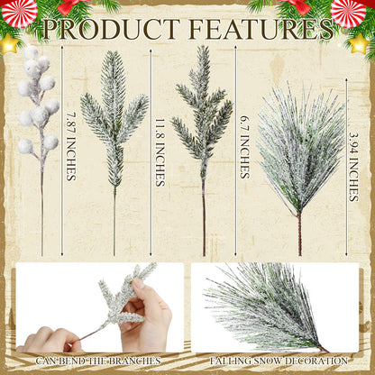 Lyrow 80 Pieces Christmas Snowy Pine Tree Picks Artificial Berry Stems Sprays Faux Cedar Pine Needles Branches for Holiday Arrangement Wreath DIY Garland Holiday Decor Winter Greenery (White)