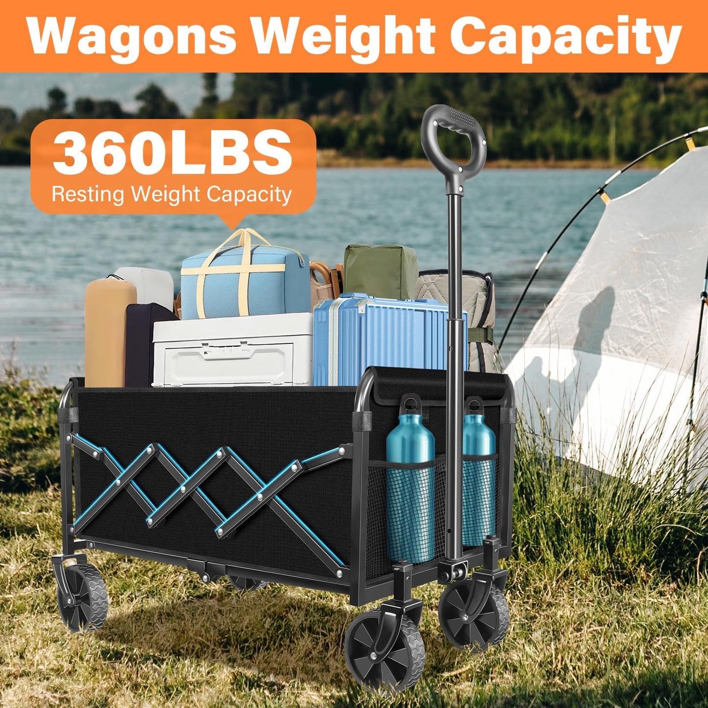 Wagons Carts Foldable, Collapsible Wagon Cart with Wheels - Beach Wagon Cart with Wheels for Sand Sports Camping Grocery