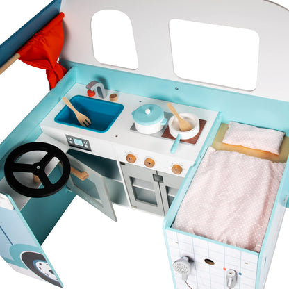Wooden Play Camper Van Toy Playset w Steering Wheel, Kitchen, Stove, Oven, Bed, Pillow, Pretend Shower, Curtains, Personalization Stickers- Indoor Retro Car Camping, Travel RV Adventure- Ages 3+ Gift