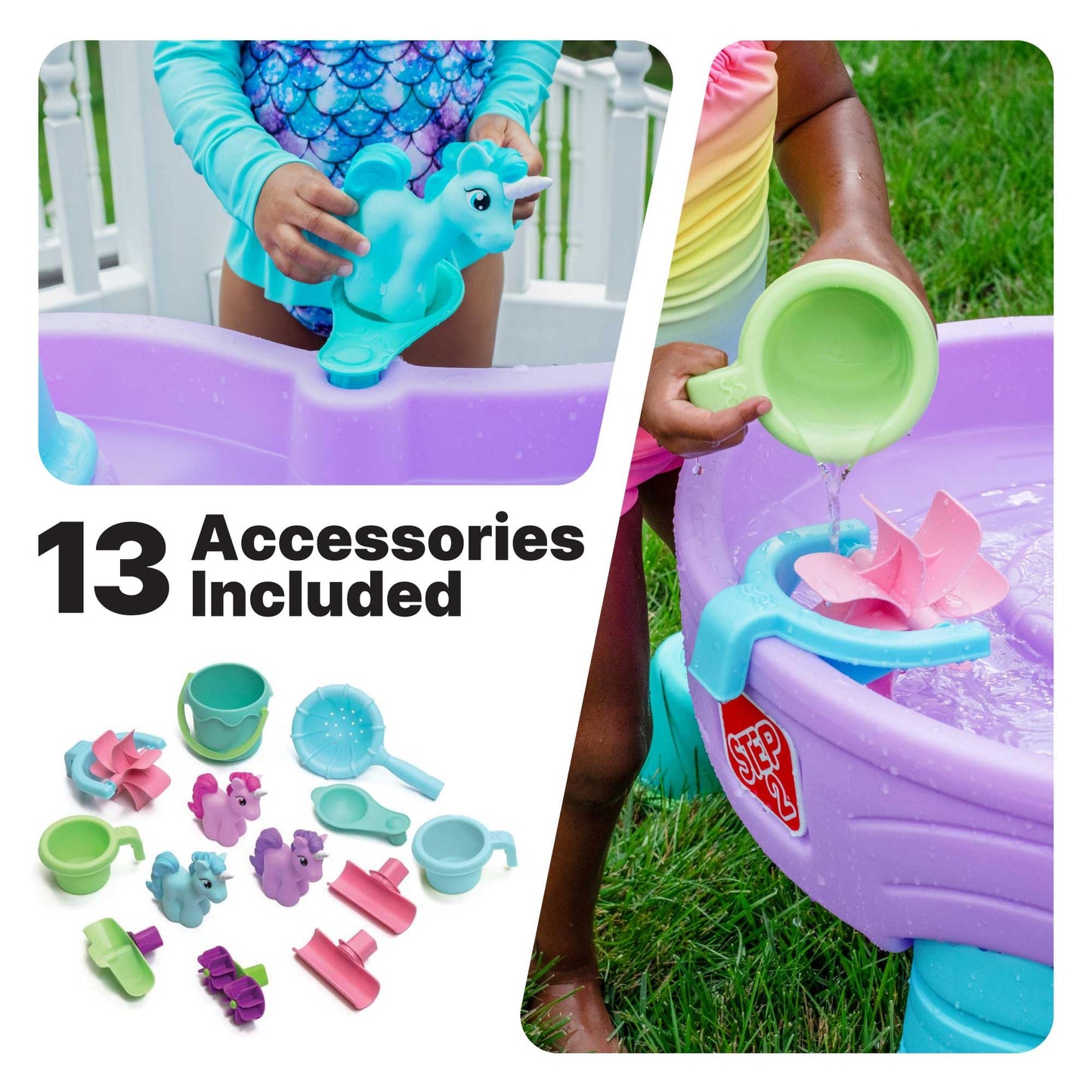 Step2 Rain Showers and Unicorns Water Table, Kids Water and Sand Activity Sensory Playset, Summer Outdoor Toys, 13 Piece Water Toy Accessories, for Toddlers 1.5+ Years Old, Blue & Purple