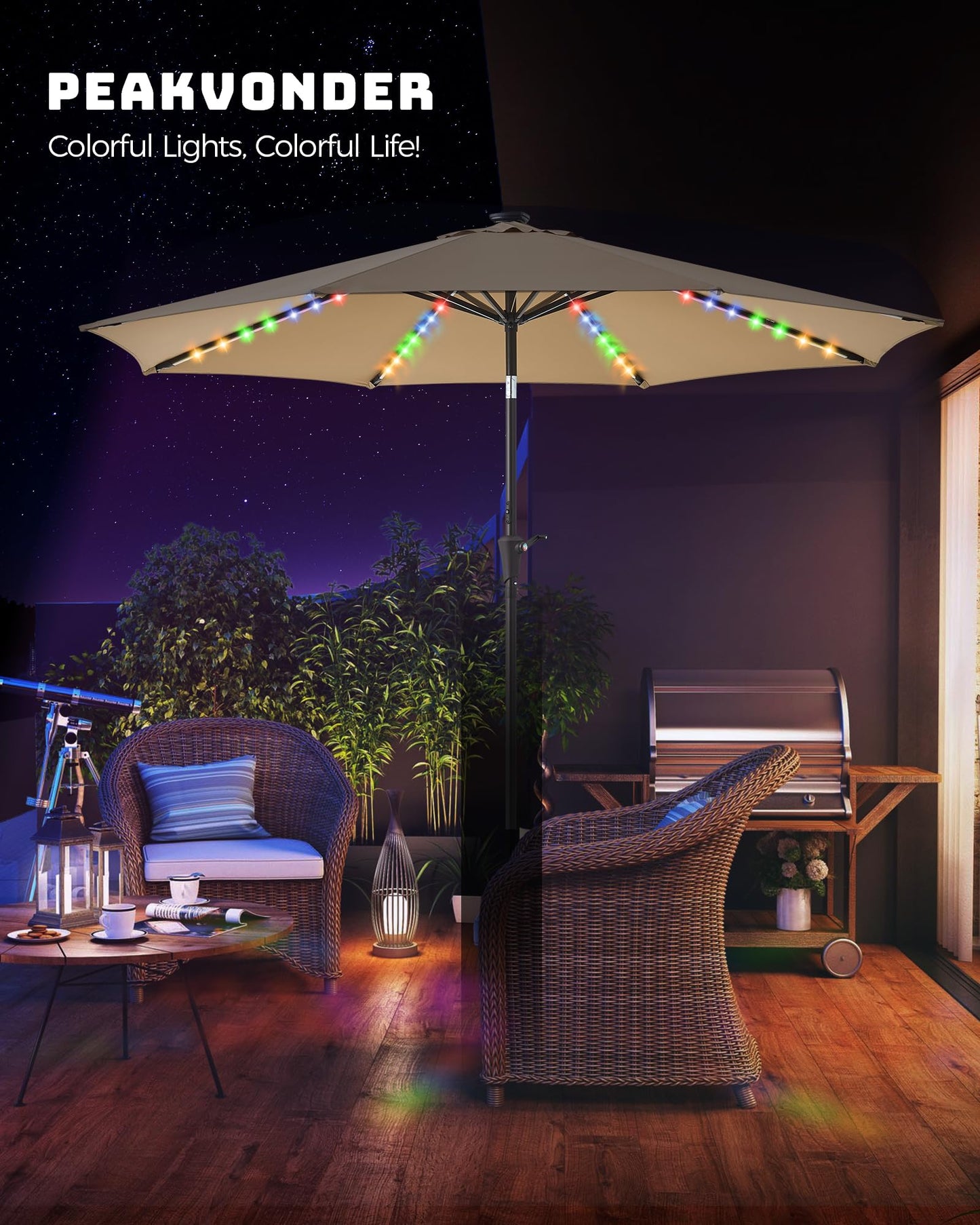PEAKVONDER 7.5 ft Outdoor Patio Umbrella with Solar Lights - Small Heavy Duty Beach/Table/Pool/Deck/Market Umbrella, Dual Charging, Tilt, APP & Button Control, UV/Fade-Resistant, Tan HPU752T