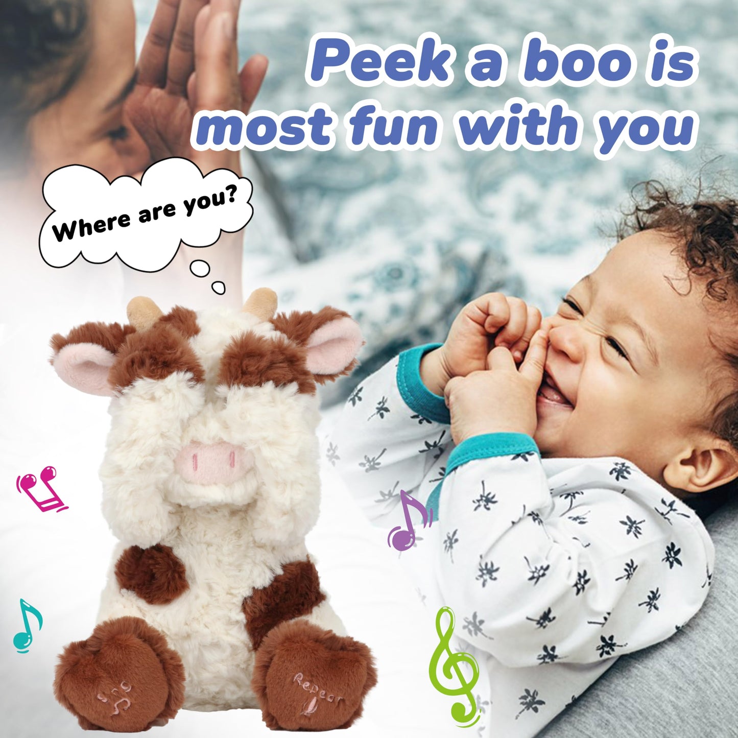 Hopearl Peek A Boo Cow Interactive Repeats What You Say Plush Diary Cattle Toy Musical Singing Talking Stuffed Animal Adorable Electric Animate Gift for Toddlers, Brown, 11''