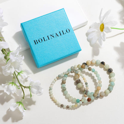 Bolinailo 3Pcs Natural Healing Crystal Bracelets for Women Men, 4mm 6mm 8mm Beaded Stretch Bracelet Set, Amazonite Natural Stone Gemstone Jewelry Gifts for Meditation, Reiki & Yoga