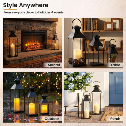 Decorative Metal Lanterns Indoor Outdoor, Set of 3 Farmhouse Lantern Holders Without Candles for Porch, Patio, Fireplace, Floor, Wedding & Holiday Table Centerpiece (Black, 20" 15.7" 12")