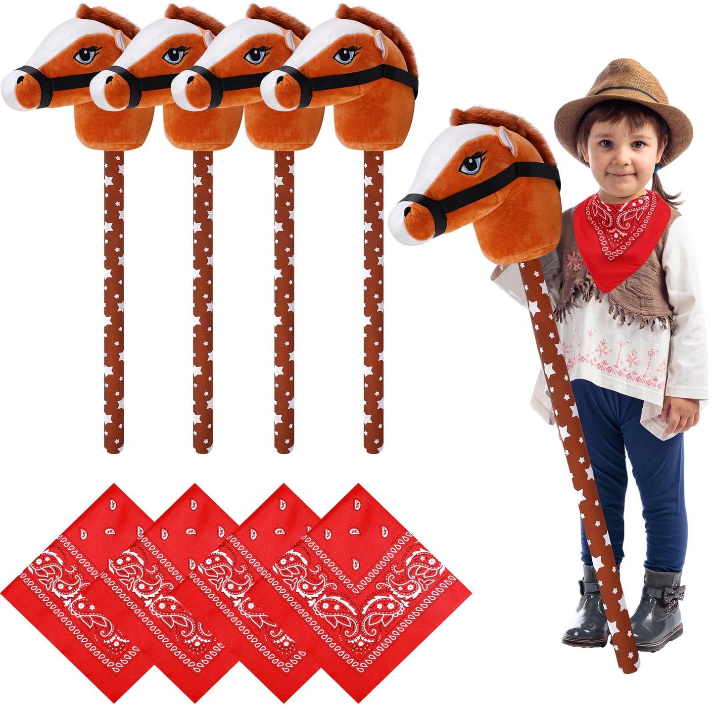 Poen 4 Pack Light Brown Horse Stick with Sound Red Bandana Set 27.6'' Toys Stick Horse Western Cowboy Bandana Head with Neighing Sound for Boys Girls Fun Pretend Games Son Daughter(Brown and Red)