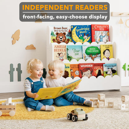 SpaceAid 3-Tier Scalloped Bookshelf, Montessori Bookcase for Toddlers, Wooden Book Shelf Organizer Display Furniture for Kids Rooms, Playroom, Nursery and Classroom, White
